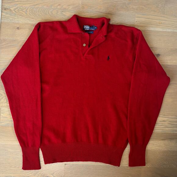 VTG Y2K Polo Ralph Lauren Lambswool Sweater 1/4 Button Red Mens Size Medium - Picture 7 of 8